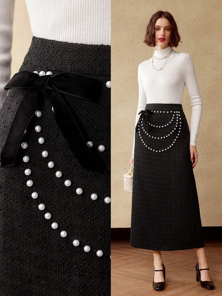 FAUX PEARL BOW DETAIL SPLIT BACK STRAIGHT SKIRT