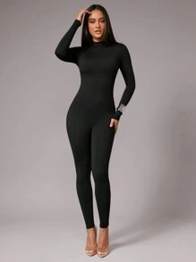 Silquee Women's WOMEN Elegant Autumn And Winter Long Sleeve Suitable For Daily Commuting, Urban Fashion, Can Party, Black Stretch Knit Skinny Square Neck Jumpsuit - Black - View 3