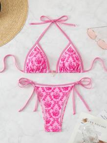 Swim Mod Random Print Women's Summer Holiday Beachwear Halter Neck Bikini Set - Pink - View 1