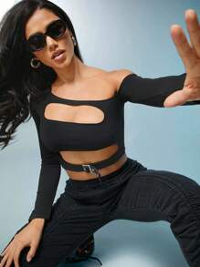 Denimoi Sexy Asymmetrical Cut Out Long Sleeve Top