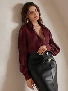 Anewsta French Design Elegant Embroidered Lace Long Sleeve Blouse For Women - Red - View 6