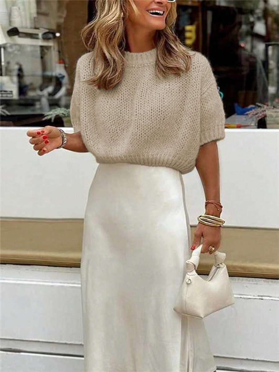 EMERY ROSE New Arrival Short Sleeve Knitted Sweater With Round Neck, Elegant Pullover - Apricot - View 1