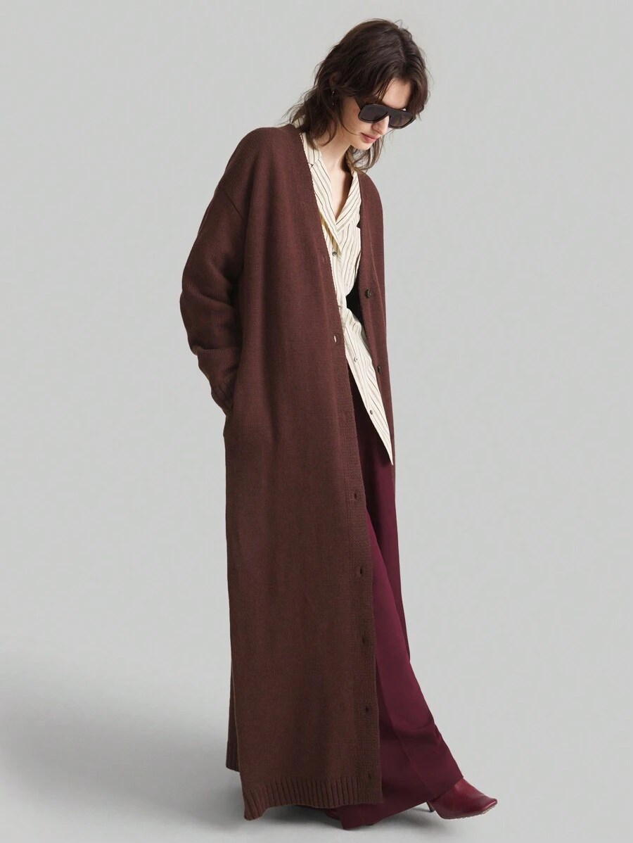 Ontre 女士 2025 年春季新品长款纽扣红棕色开衫、长款灰色针织夹克、极简主义长袖毛衣，适合都市装扮