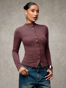 SHEIN BAE 女士秋冬休闲纯色前扣衬衫保暖长袖上衣、家庭圣诞衬衫、女士毛衣 - 酒紅色 - 查看 6