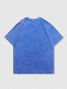 ROMWE MEN Street Life Men's Washed Portrait And Acid-Washed Short Sleeve T-Shirt, Suitable For Everyday Wear, Spring/Summer - Blue - View 2