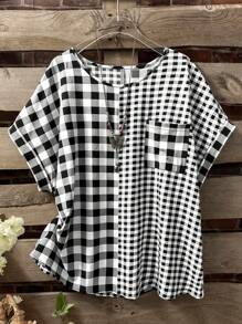Linhara Plus Size Women Summer Elegant Vintage Plaid Pocket Patched Blouse - Black and White - View 1