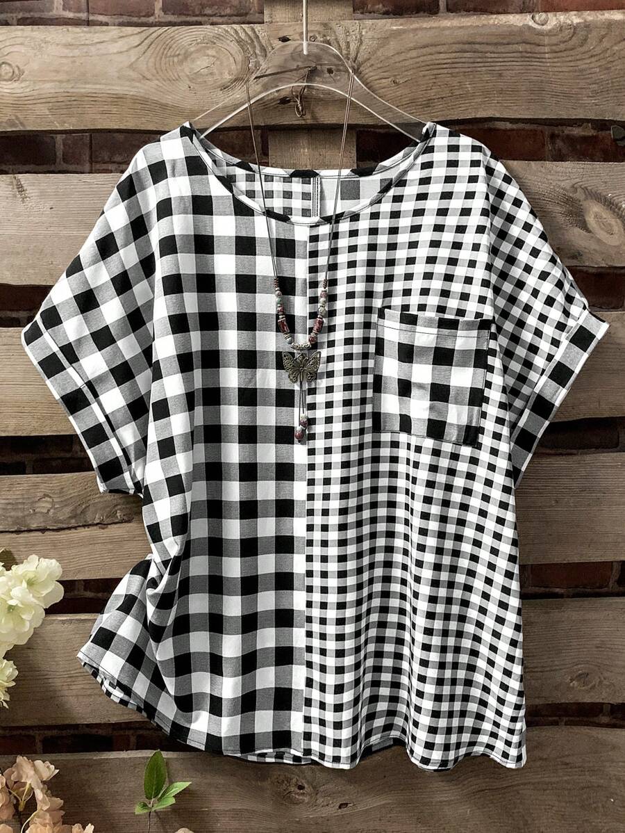Linhara Plus Size Women Summer Elegant Vintage Plaid Pocket Patched Blouse - Black and White - View 1