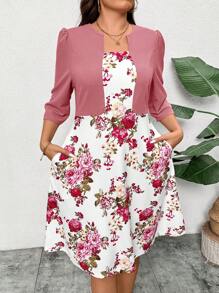 SHEIN Clasi Vestido con bolsillo con estampado floral blanco y rosa parche, tallas grandes, elegante vestido de Día de San Valentín, vestidos elegantes, vestidos románticos, vestidos de verano para mujer, vestidos de primavera para mujer, vestido de playa, vestido de vacaciones, estilo bohemio