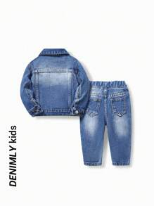 Juego de 2 piezas de chaqueta de jean deslavado con cinta decorativa, y atuendo minimalista cómodo diario de estilo callejero vintage para bebés niños, adecuado para otoño/invierno