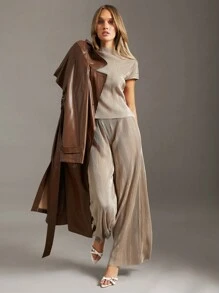 Siren Gaze Mock Neck Batwing Sleeve Blouse & Wide Leg Pants Brown Summer Casual - Khaki - View 6