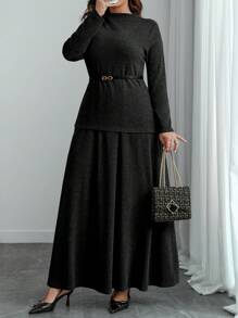 Flirla Plus Size Minimalist Commuter Solid Stand Collar Asymmetric Top And Voluminous Skirt 2 Pieces Set, Autumn/Winter - Black - View 4