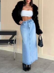 EURMUSE LOW RISE LIGHT BLUE DENIM SKIRT WITH SLIT - Light Wash - View 5