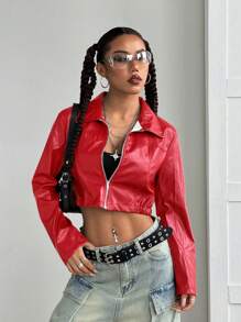 StreetHx Y2K 短款拉链前仿皮夹克，红色