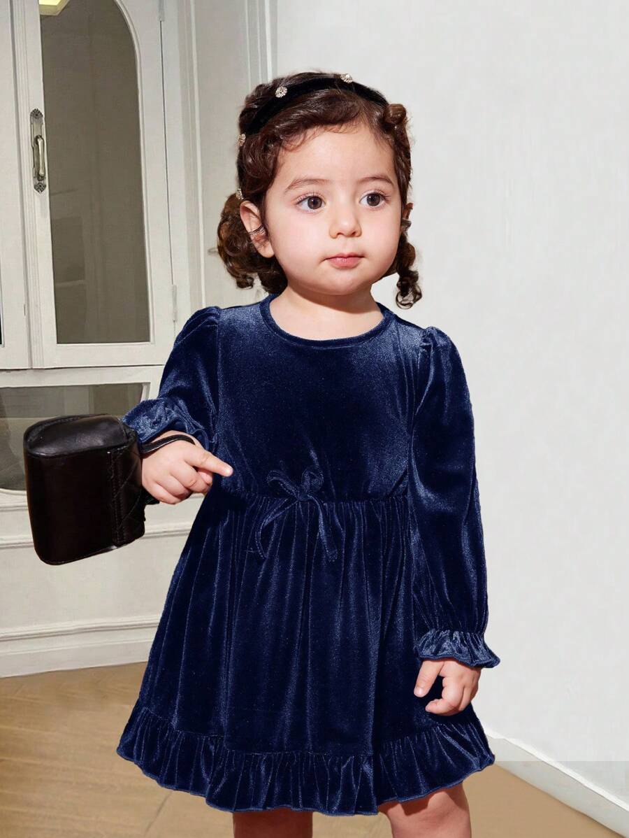 SHEIN Leap Crew 女婴可爱针织天鹅绒长袖连衣裙，海军蓝，秋冬 - 藏蓝色 - 查看 1