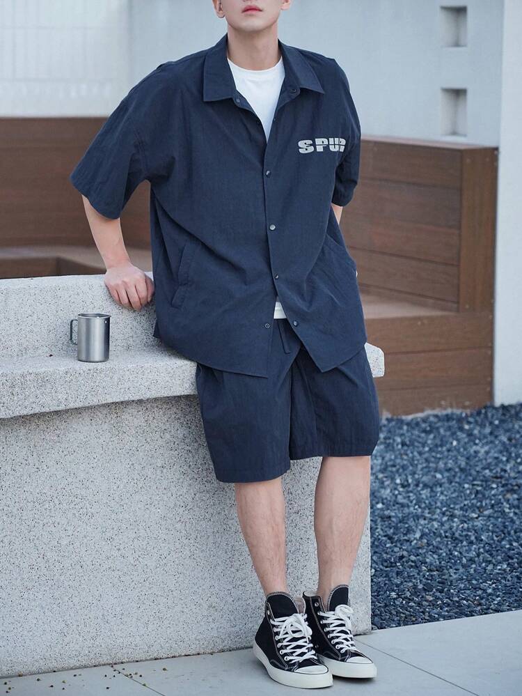 2pcs Men Casual Letter Print Short Sleeve Shirt And Shorts Set, Summer