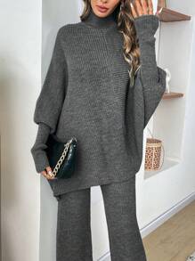 Chiquease Women's Solid Minimalist Half Turtleneck Sweater And Pants 2pcs Set