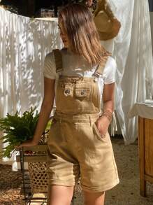 DAZY Women's Casual Solid Color Denim Bib Shorts - Khaki - View 1