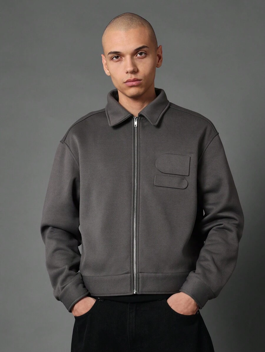 SUMWON Crop Fit Zip-Up Jersey Harrington Jacket With Embossed Logo ...