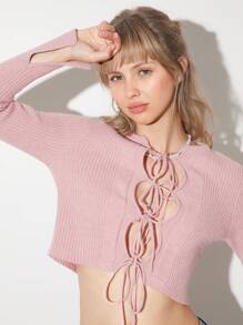 SHEIN EZwear 女士纯色前系带镂空性感修身长袖短款开衫，秋季 - 粉色 - 查看 6