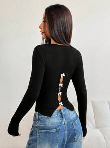 Rina Fox Damska słodka, swobodna, dopasowana, czarna koszulka z kokardą z tyłu i okrągłym dekoltem, jesień/zima - Czarne - Zobacz 4