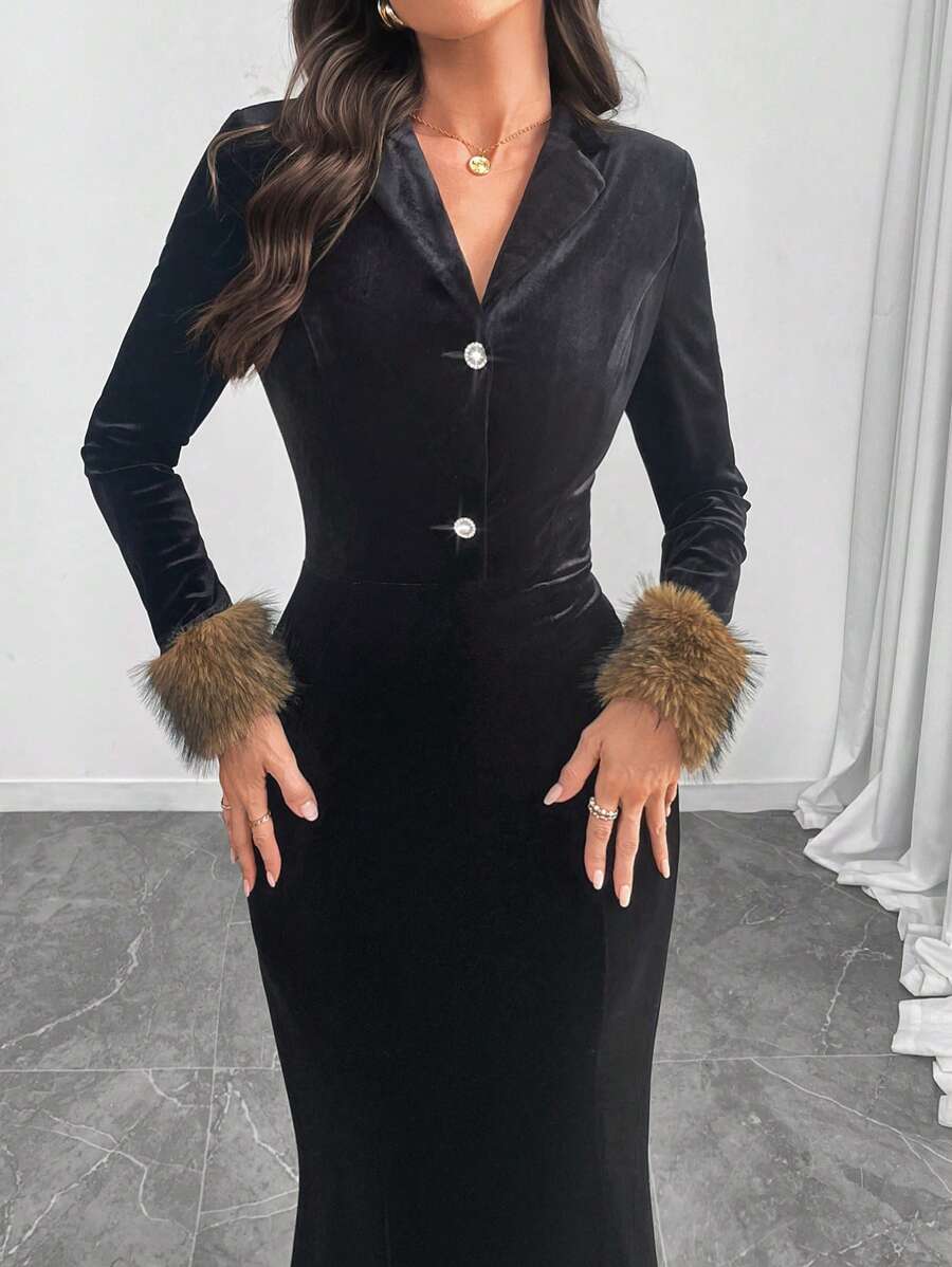 Modelyn Women's Fluffy Colorblock Dress With Fish Tail Design, Elegant For Autumn/Winter Long Evening Dresses