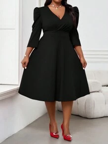 SHEIN Lady Autumn And Winter Elegant Party Commuting Wedding Christmas Cocktail Party Valentine's Day Concert/Music Festival Red Knitted Overlap Collar Flared Leg-Of-Mutton Sleeve Midi Three Quarter Length Sleeve Plus Size Dresses - Black - View 5