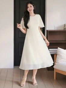 DAZY Elegant Solid Color Round Neck Fitted Waist Midi Dress For Women, Summer Sundress - Beige - View 4