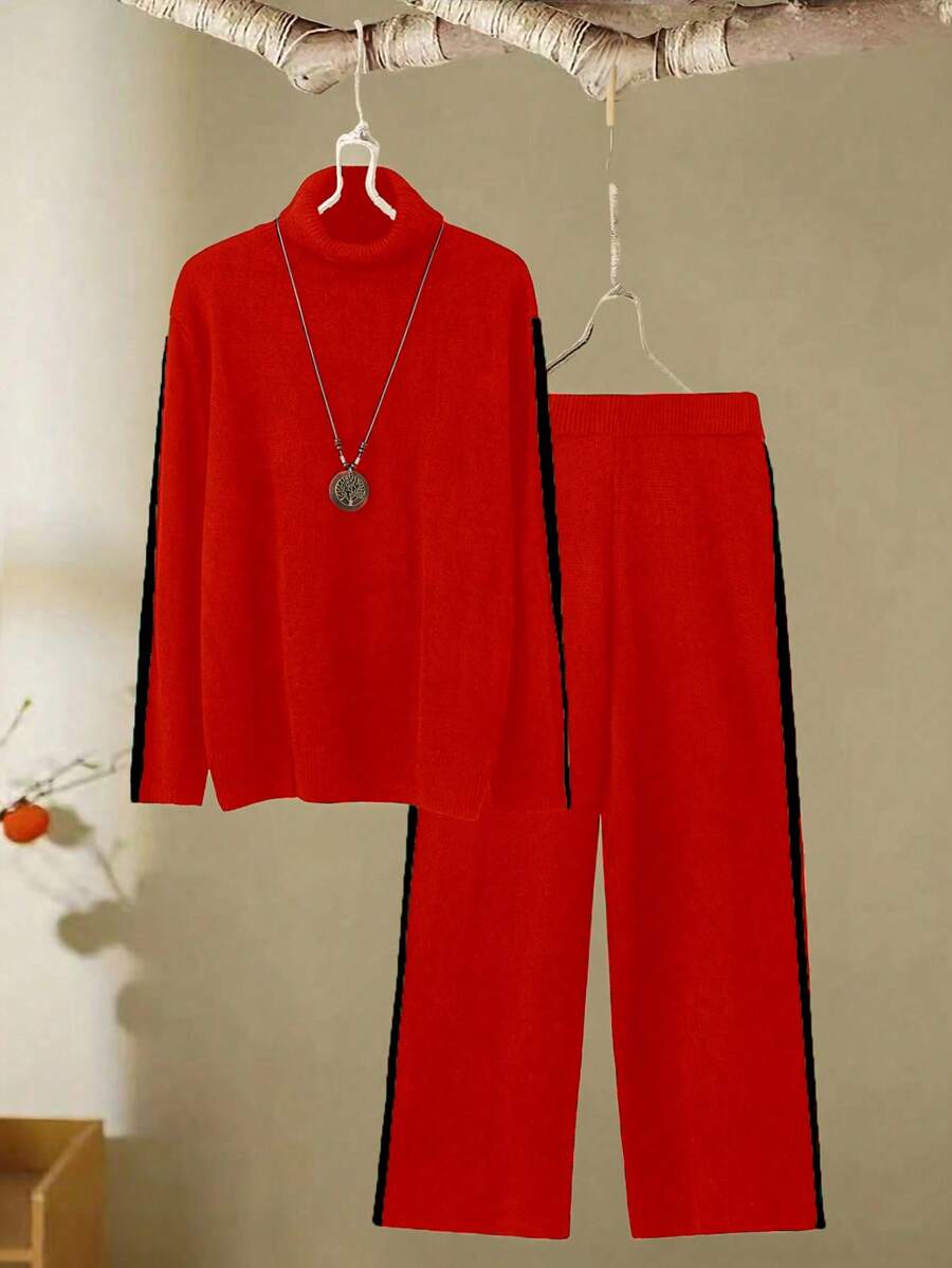 SHEIN LUNE 2 件大码女式针织条纹高领上衣和裤子毛衣套装，秋冬