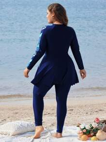 Swim Mulvari Plus Size Long Sleeve Printed Split Two-Piece Burkini SummerArabic Clothing - Blue - View 2