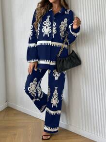 SHEIN 2pcs Maternity Front Button Shirt With Floral Print And Full Length Pants Set - Royal Blue - View 5