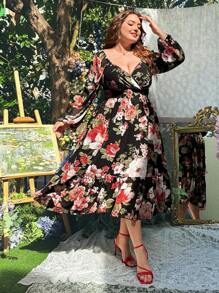 Lyrianda Plus Size Square Neck Long Sleeve Chiffon Floral Print A-Line Midi Dress, Elegant Vintage Resort Style For Women - Black - View 3