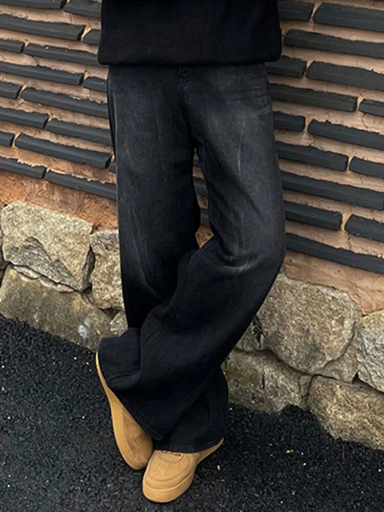 Men's Simple Solid Black Jeans, Casual Everyday Wear For Autumn, Grunge