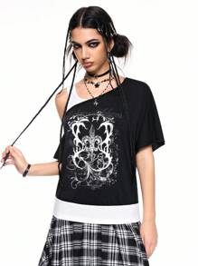 ROMWE Grunge Punk Y2K 垃圾摇滚亚文化朋克仿旧复古藤蔓印花宽松落肩二合一女式 T 恤 - 黑色 - 查看 5
