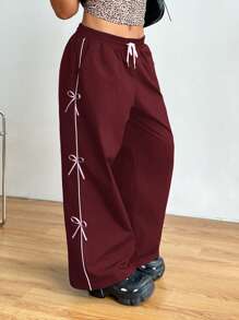 CovetEZ Plus Size Pink Bow Decor Drawstring Waist Cargo Pants For Summer - Burgundy - View 3