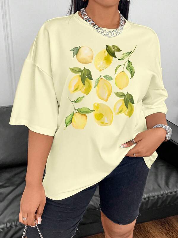 INAWLY Plus Size Lemon Graphic Short Sleeve Summer Casual T-Shirt Graphic Tees Women Tops