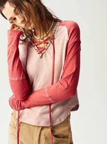 Bohemela Boho Women's Fitted V-Neck Knit Color Block Long Sleeve Top, Casual - Coral Pink - View 1