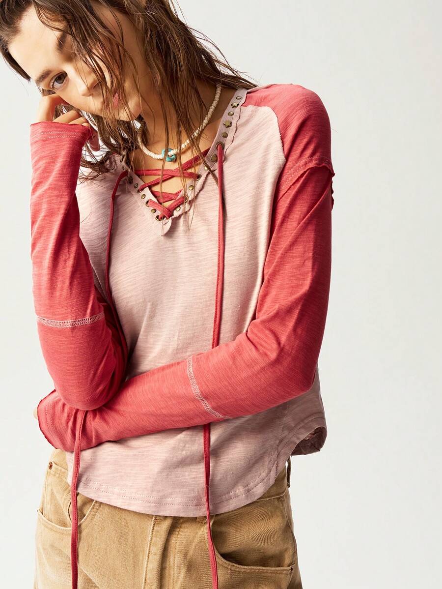 Bohemela Boho Women's Fitted V-Neck Knit Color Block Long Sleeve Top, Casual - Coral Pink - View 1