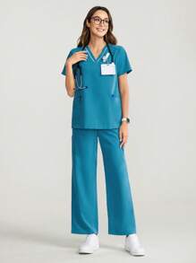TaskEZ 2pcs Set Solid Color V-Neck Short Sleeve Top And Long Pants, Nursing Scrub Uniform - Teal Blue - View 4