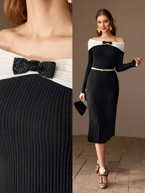 MOTF PREMIUM WOOL CONTRAST FOLDOVER OFF SHOULDER BEADED BOW DETAIL RIB-KNIT DRESS WITHOUT BELT