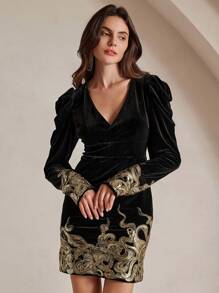 Anewsta Women's Sexy Sequin Decoration Mini Dress, New Style - Black and Gold - View 4