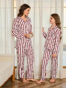SHEIN Conjunto de pijama de 2 piezas con pantalones holgados y cómodos con estampado de rayas rojas y blancas y letra, y top de manga larga para mujer