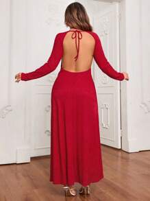 SHEIN VCAY 大码 V 领露背系带紧身连衣裙情人节服装浪漫 - 紅色 - 查看 2