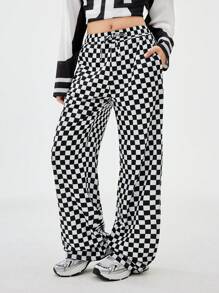 SHEIN Pantalones a cuadros con cintura anudada, ropa de calle para adolescentes de primavera/verano - Blanco y Negro - Ver 3