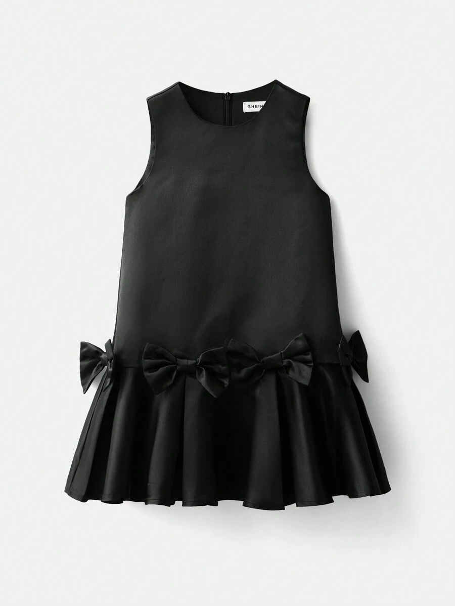 Maija Kids Maija Kids Kleine Mädchen Lässig Rundhals Schleife Dekor Jumpsuit Kleid Schwarzer Rock Kleine Mädchen