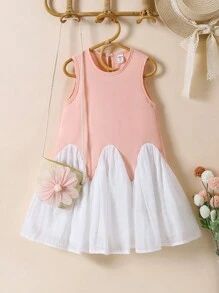 1pc Young Girl Sweet Backless Sleeveless Patchwork Floral Decor Dress - Pink - View 1