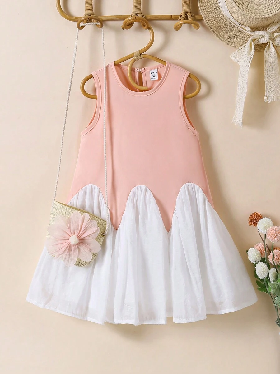 1pc Young Girl Sweet Backless Sleeveless Patchwork Floral Decor Dress - Pink - View 1