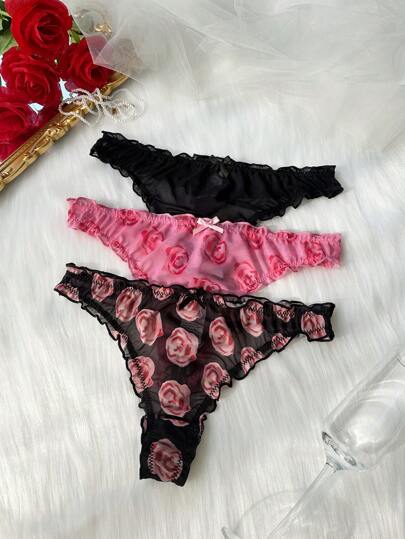 Snug Zone Set de 3 tangas de lencería de tul transparente con estampado floral elegante