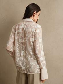 Anewsta Blusa con cuello bordado francés de diseño de lujo y exquisito - Albaricoque - Ver 5