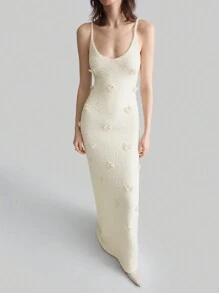 Ontre 2025 新款女士优雅纯色 3D 花卉装饰紧身长款毛衣连衣裙，情人节，春季 - 杏色 - 查看 5