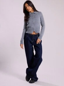MUSERA Ribbed Collared Double Zip Cardigan Spring Business Casual Elegant Old Money Brunch - Grey - View 4